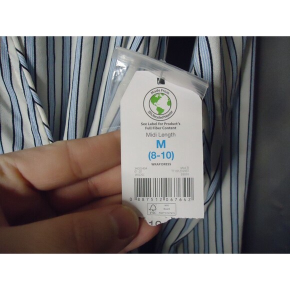 Time And Tru Tie Long Sleeve Wrap Dress Women’s Sz M 8-10 White Striped - Picture 6 of 13